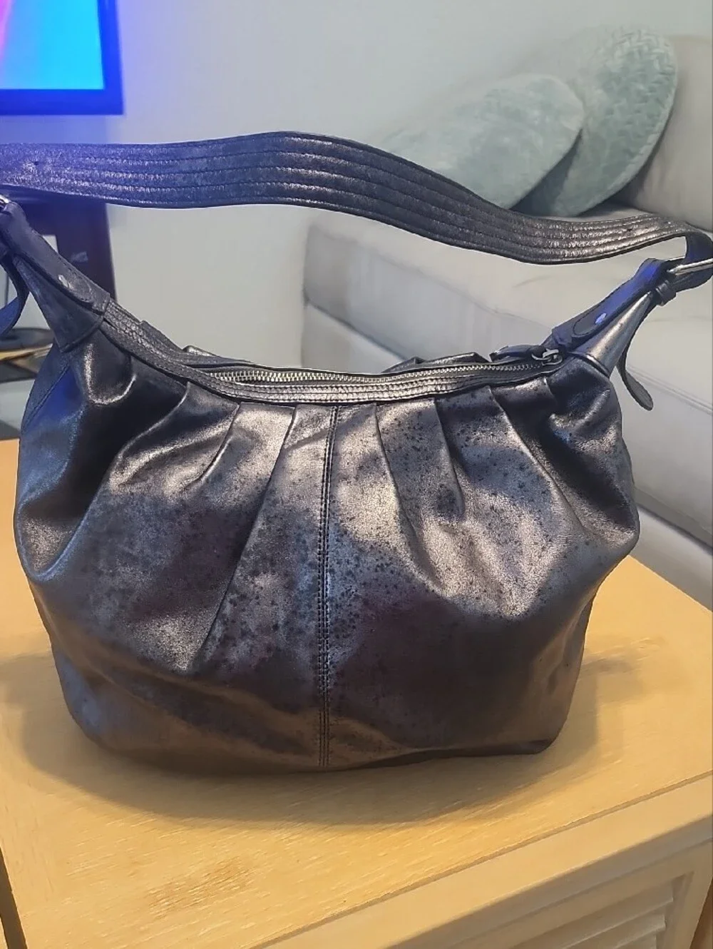 Calvin Klein Black Metallic Gathered Leather Hobo Wristlet